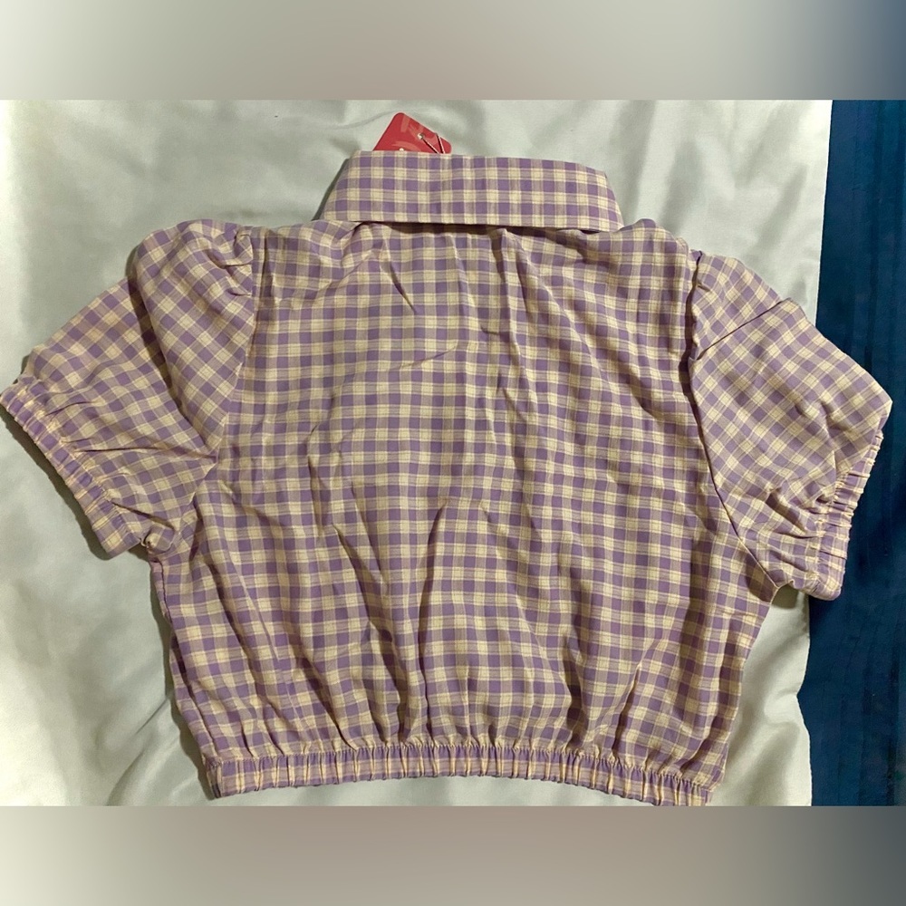 CROP TOP | Plaid Cut Out Button Funnel Spread Collar | Women’s Size 2 - Picture 6 of 11